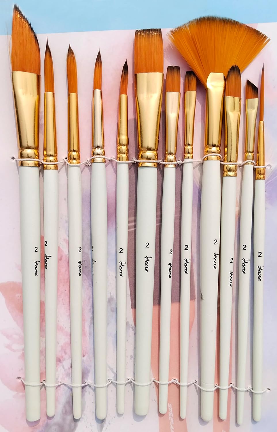 Arora Golden Synthetic Hair (Taklon) Mix Paint Brush Set | Pack of 12