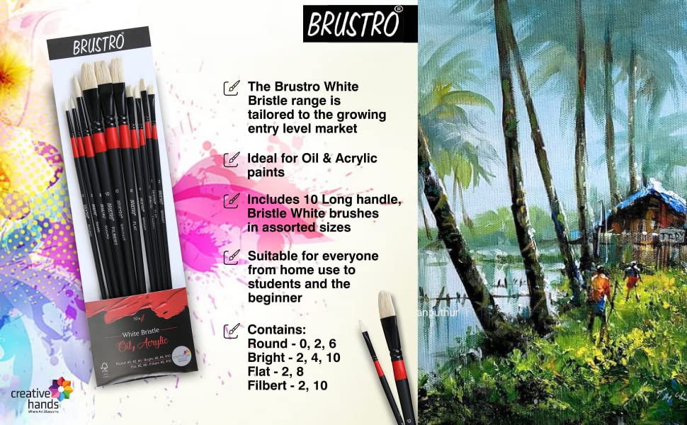 BRUSTRO Artist White Bristle Brush | Set of 10 Brushes | Long Handle