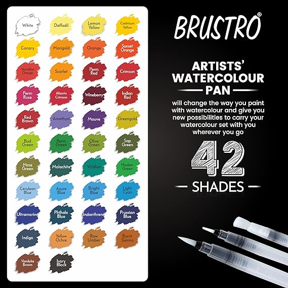 BRUSTRO Artists Watercolour Travel Pan | Set of 42 Colours (Includes Mixing Palette)