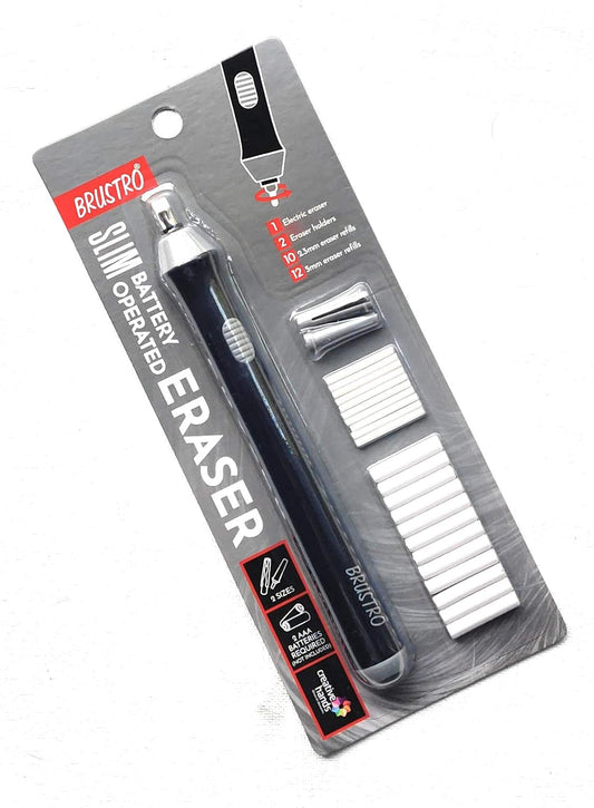 BRUSTRO Electric Automatic Eraser | Slim Battery Operated | 2.3mm, 5mm| 22 Refills, 2 Eraser Holders | (Batteries not Included)