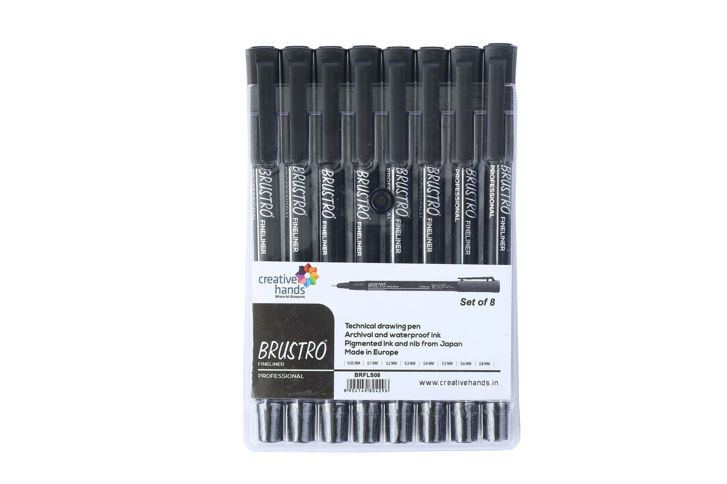 BRUSTRO Professional Pigment Based Fineliner Pen |Black| Set of 8 |