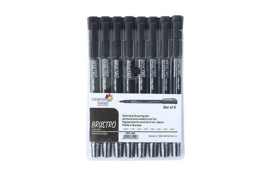 BRUSTRO Professional Pigment Based Fineliner Pen |Black| Set of 8 |