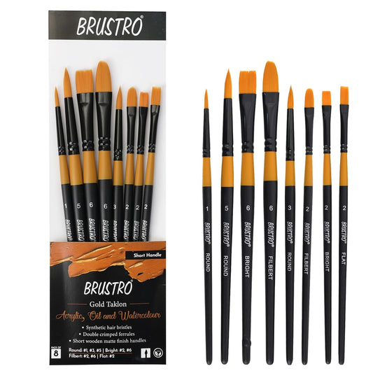 BRUSTRO Artist Gold Taklon Brush Set | Set of 8 Brushes | Short Handle