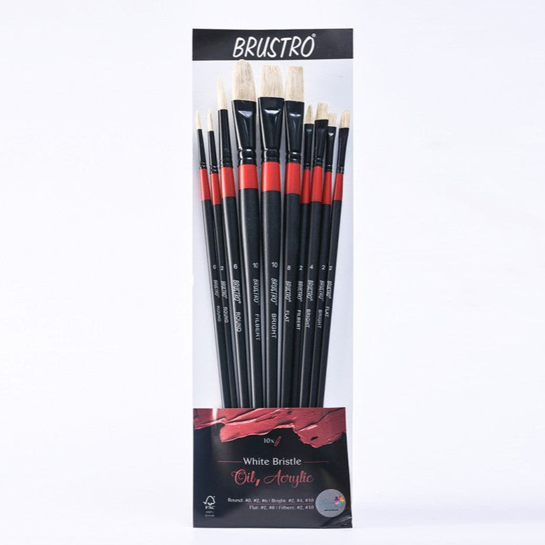 BRUSTRO Artist White Bristle Brush | Set of 10 Brushes | Long Handle