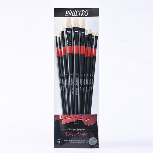 BRUSTRO Artist White Bristle Brush  | Set of 10 Brushes | Long Handle