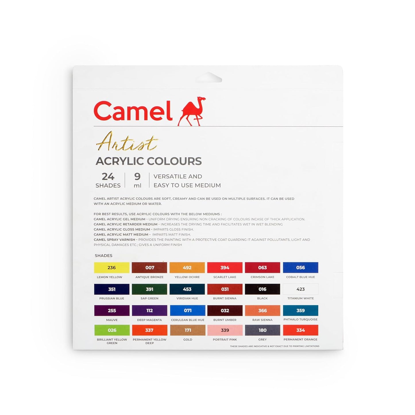 Camel Artist Acrylic Colours 24 Shades, 9ml with 2 Artist Brushes