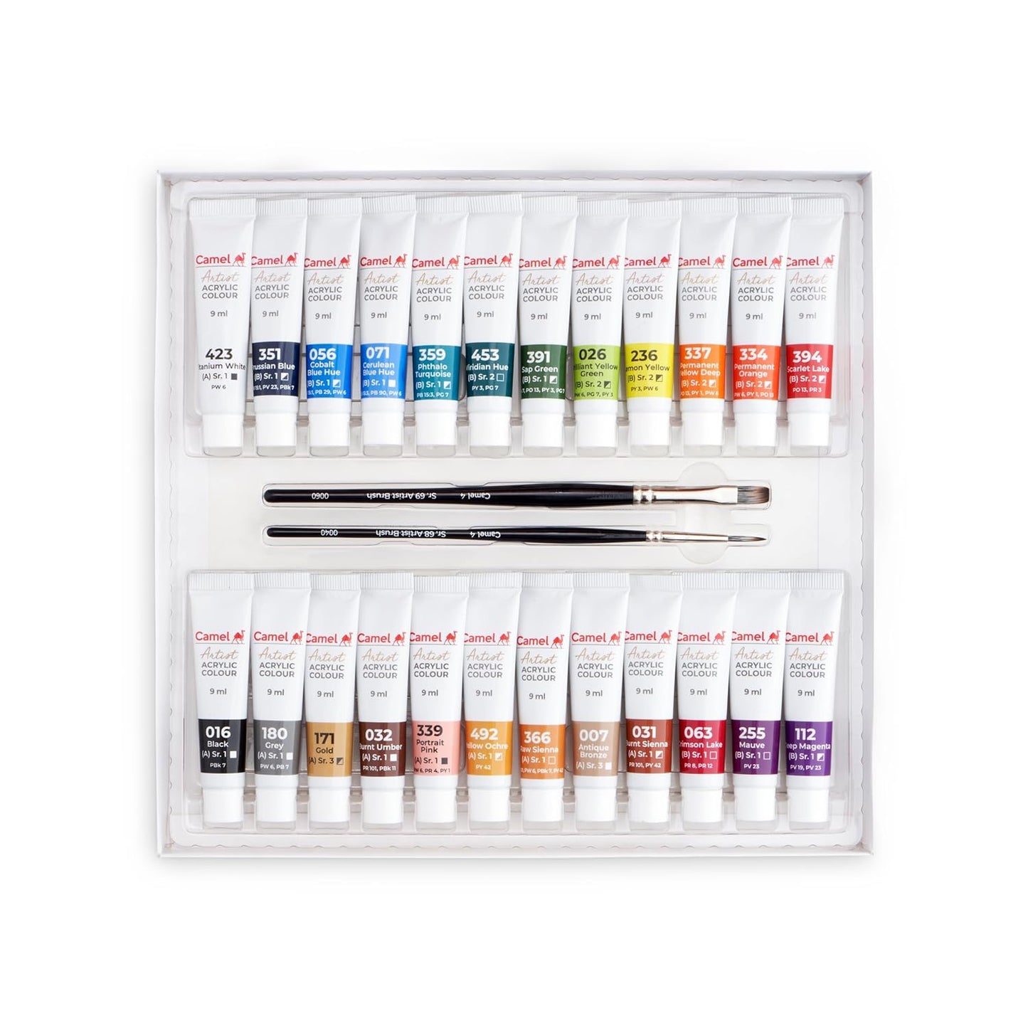 Camel Artist Acrylic Colours 24 Shades, 9ml with 2 Artist Brushes