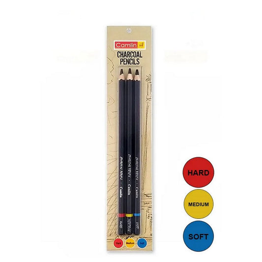 Camlin Kokuyo (Soft/Medium/Hard) Charcoal Pencils Set | Black | 3Pcs