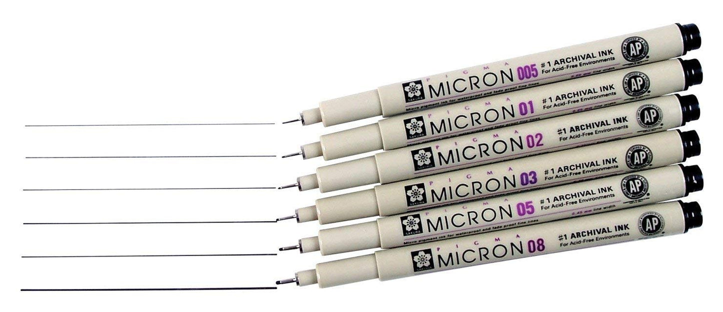 Sakura Pigma Micron Fineliner Pen - Pack of 6 | Black (005,01,02,03,05 & 08 tip)