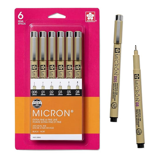 Sakura Pigma Micron Fineliner Pen - Pack of 6 | Black (005,01,02,03,05 & 08 tip)