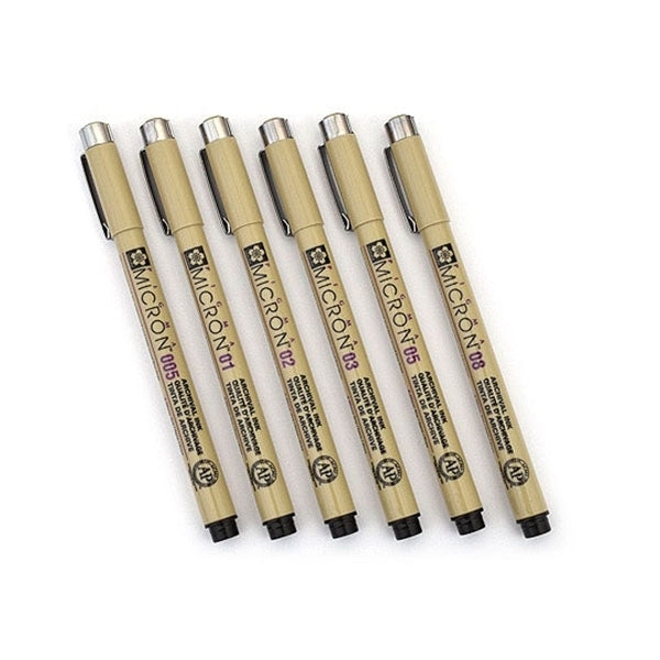 Sakura Pigma Micron Fineliner Pen - Pack of 6 | Black (005,01,02,03,05 & 08 tip)