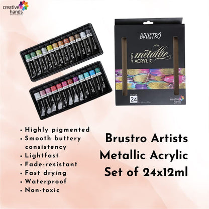 BRUSTRO Artists Metallic Acrylic Paint |  Set of 24 | 12ml