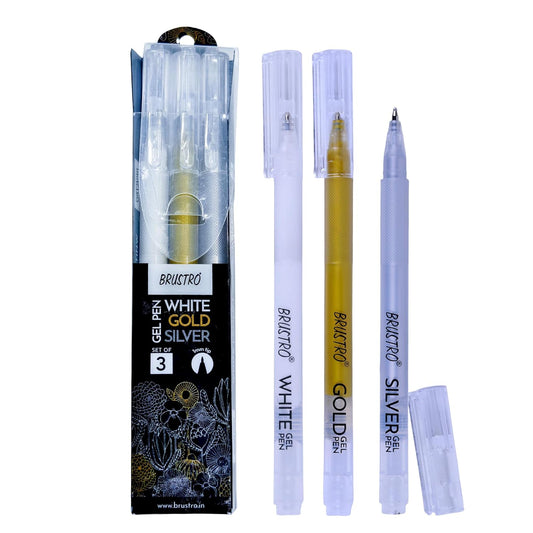 BRUSTRO Assorted Gel Pen (White, Gold and Silver)| 1mm Metal Tip - Set of 3
