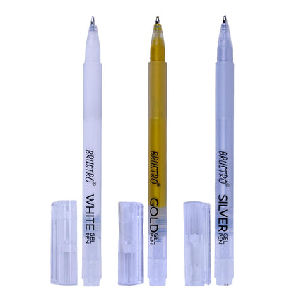 BRUSTRO Assorted Gel Pen (White, Gold and Silver)| 1mm Metal Tip - Set of 3