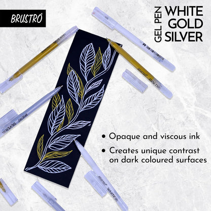 BRUSTRO Assorted Gel Pen (White, Gold and Silver)| 1mm Metal Tip - Set of 3
