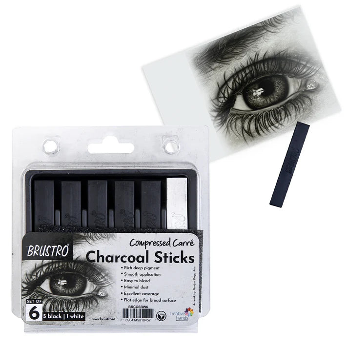 BRUSTRO Compressed Charcoal Sticks - Set of 6 (5 Black & 1 White Stick)