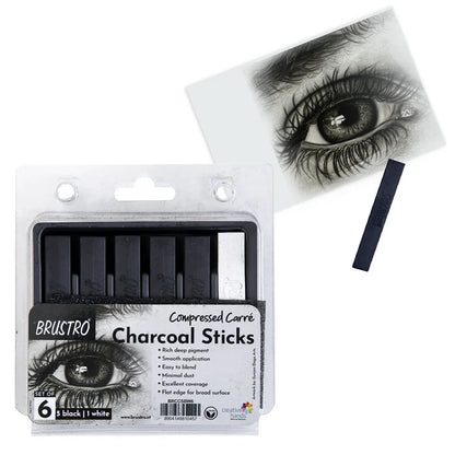 BRUSTRO Compressed Charcoal Sticks - Set of 6 (5 Black & 1 White Stick)