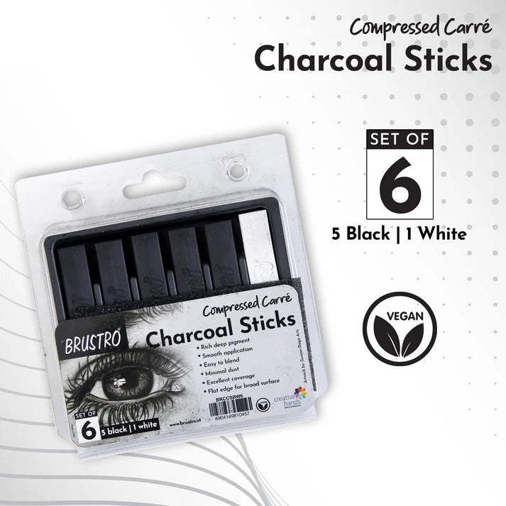 BRUSTRO Compressed Charcoal Sticks - Set of 6 (5 Black & 1 White Stick)