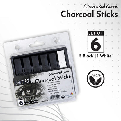 BRUSTRO Compressed Charcoal Sticks - Set of 6 (5 Black & 1 White Stick)