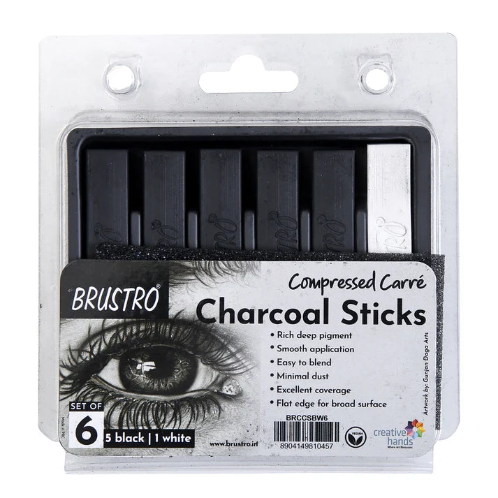 BRUSTRO Compressed Charcoal Sticks - Set of 6 (5 Black & 1 White Stick)