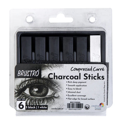 BRUSTRO Compressed Charcoal Sticks - Set of 6 (5 Black & 1 White Stick)