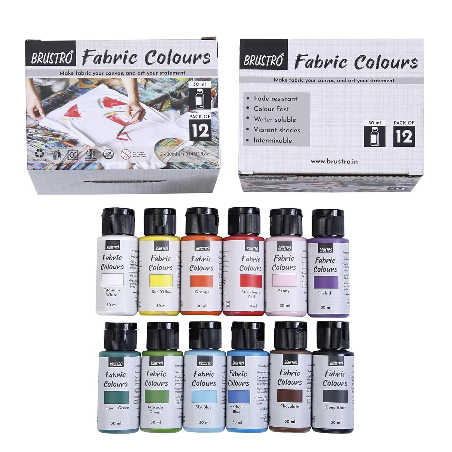 BRUSTRO Artists Fabric Colours - Set of 12, 30ml Bottles |