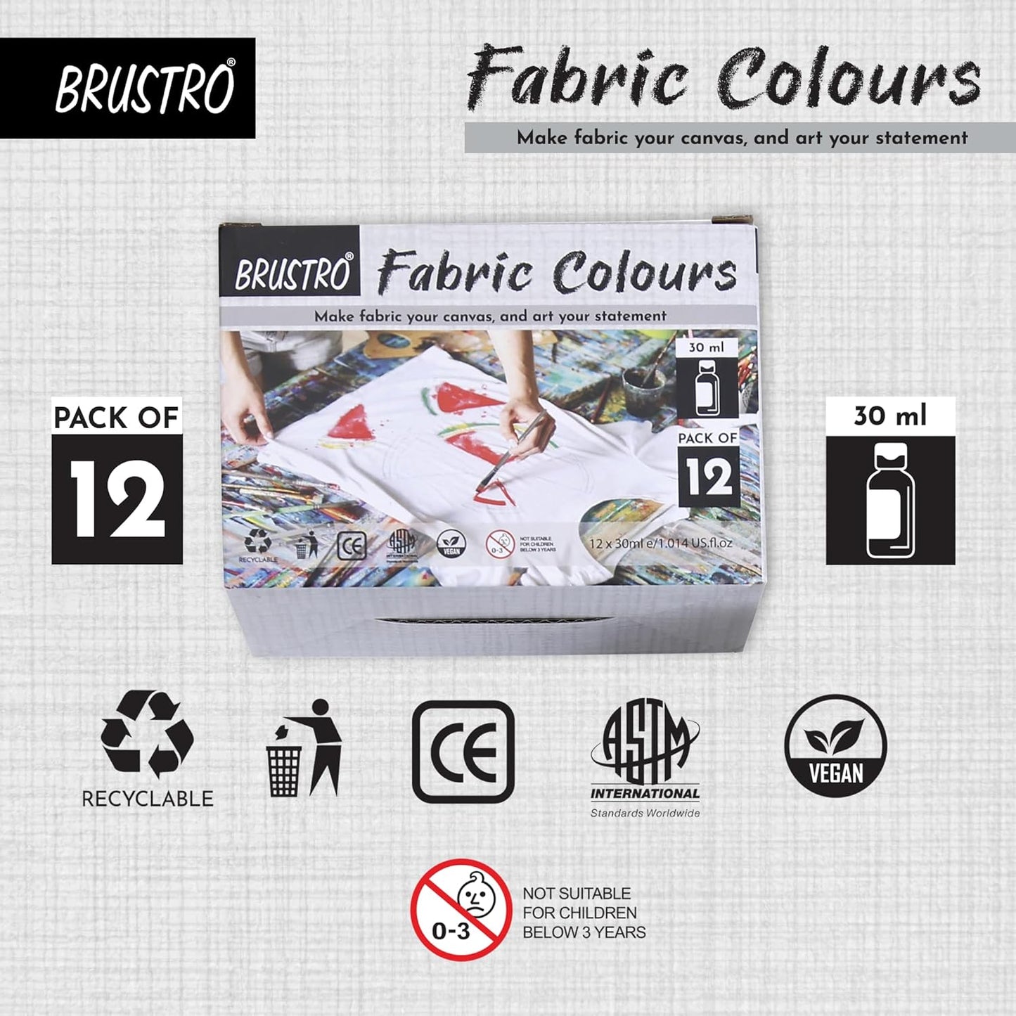 BRUSTRO Artists Fabric Colours - Set of 12, 30ml Bottles |