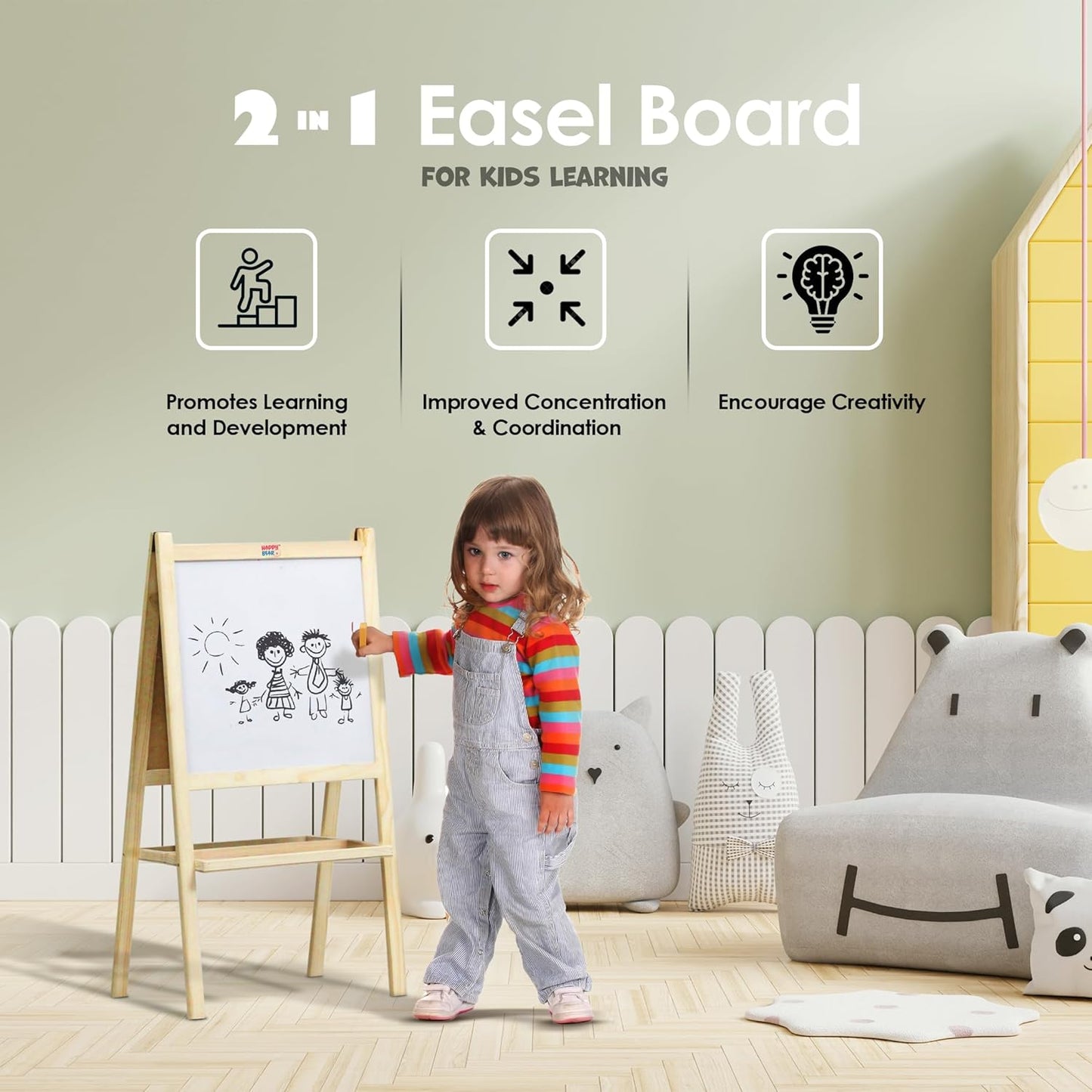 2 in 1 Wooden White Dry Erase Easel Board and Chalkboard | With Marker, Duster & Chalk | For Kids