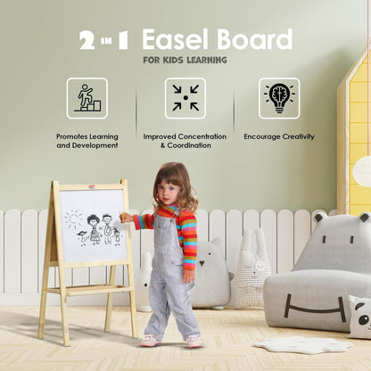 2 in 1 Wooden White Dry Erase Easel Board and Chalkboard | With Marker, Duster & Chalk | For Kids