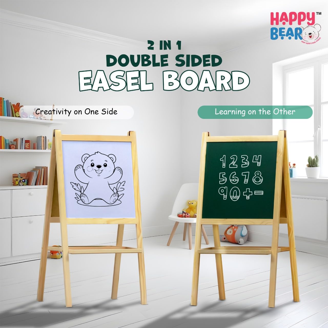 2 in 1 Wooden White Dry Erase Easel Board and Chalkboard | With Marker, Duster & Chalk | For Kids