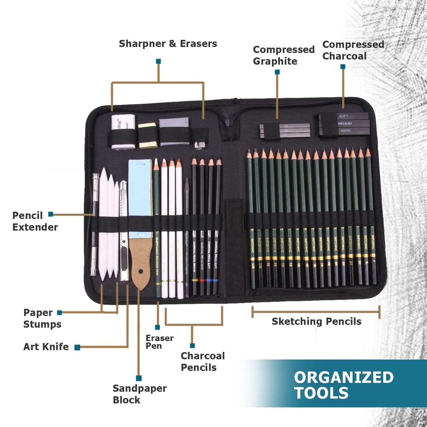Sketching Pencils Drawing Kit | 42 Pcs | Zippered Carrying Case