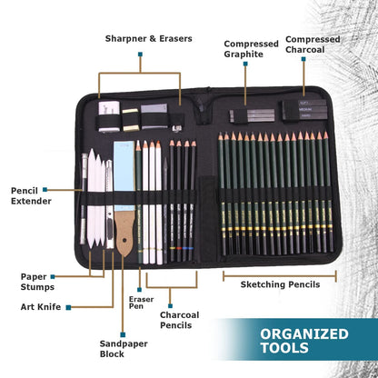 Sketching Pencils Drawing Kit | 42 Pcs | Zippered Carrying Case