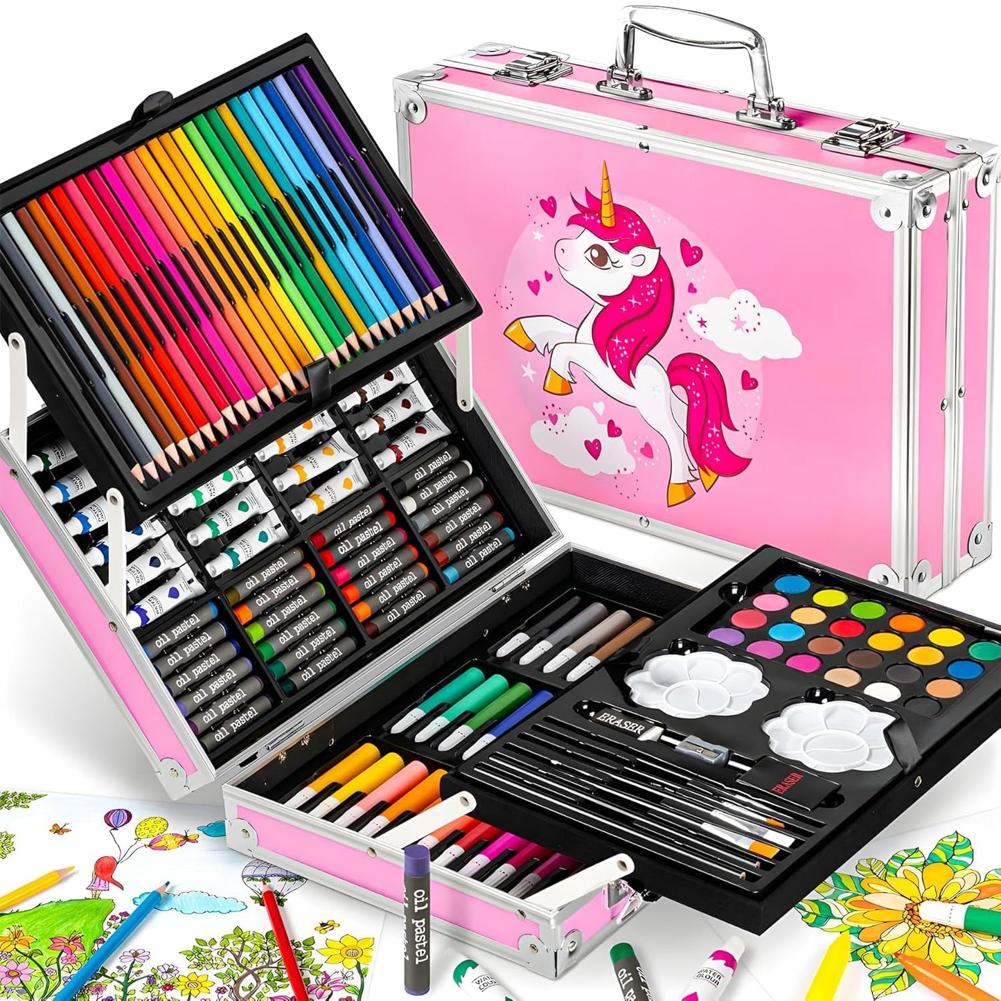145 Pcs Unicorn Design Children Deluxe Art Set | Drawing Set for Kids (Pink)